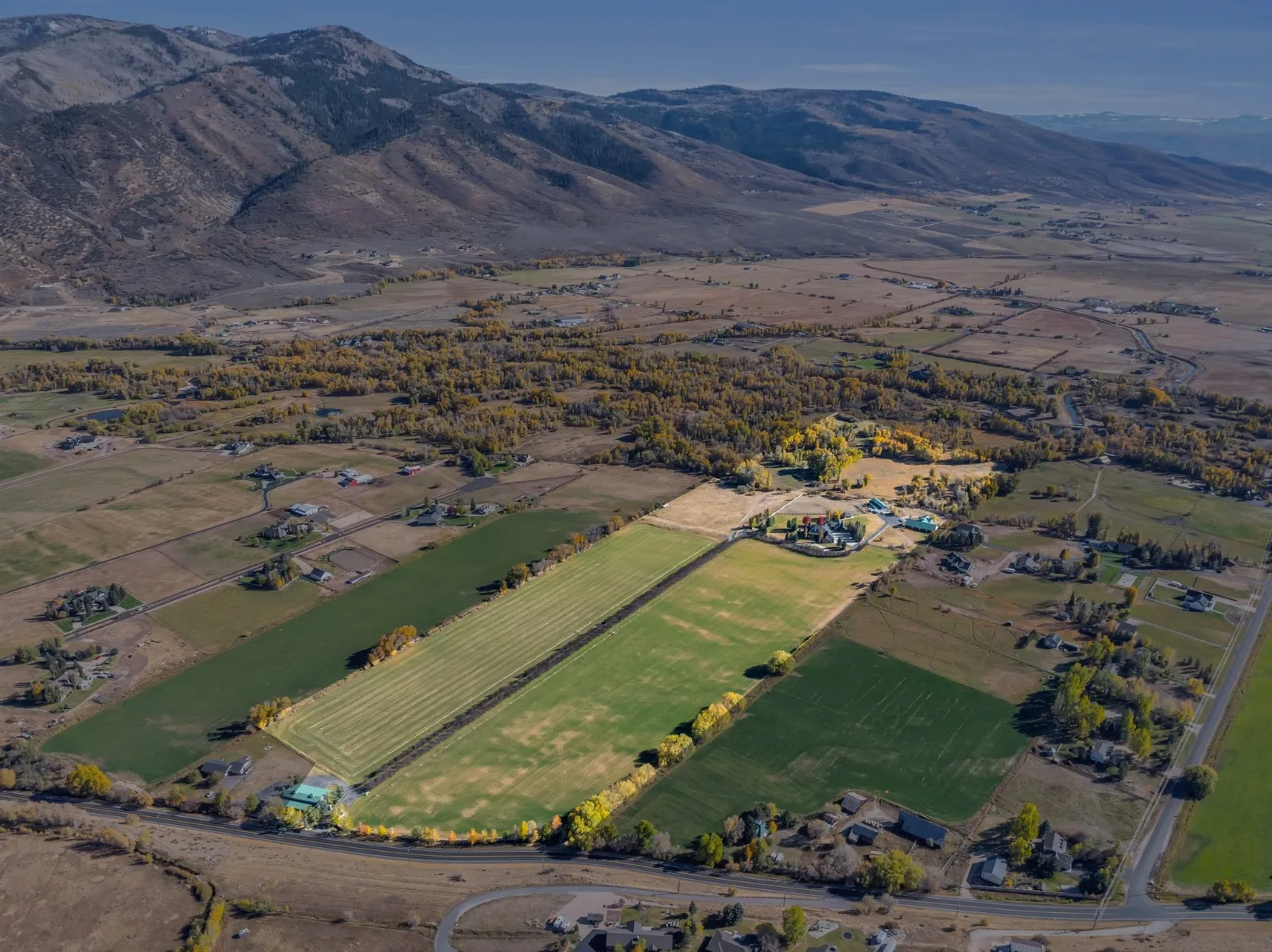 Aerial view of the Oakley Utah 1886 mountain community at dusk