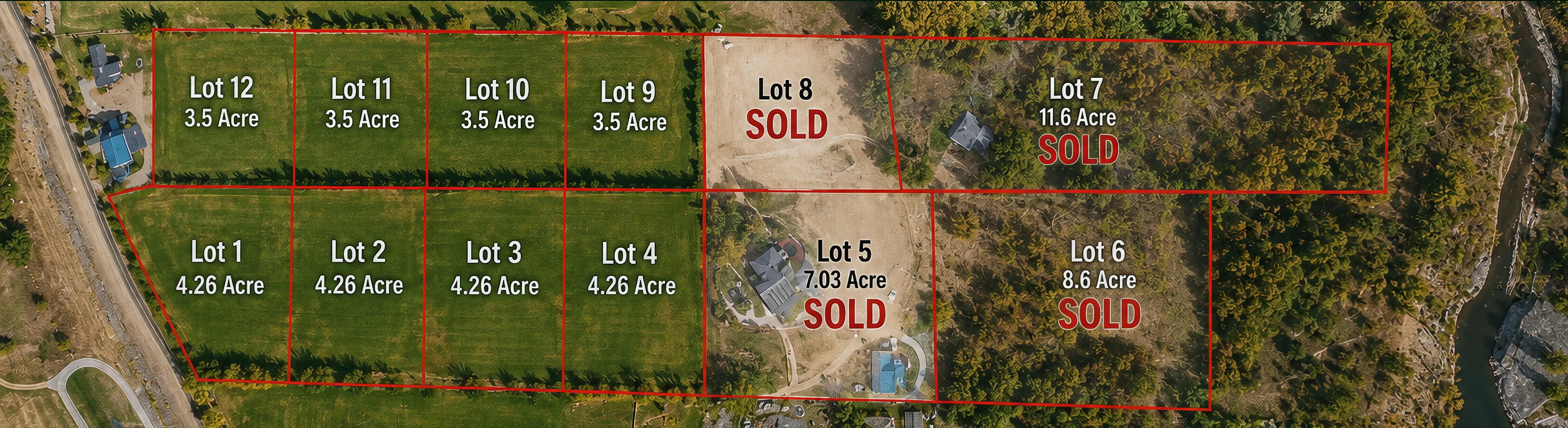 Aerial plat of the Oakley Utah 1886 homesites — lots 1 through 12 with acreage and availability